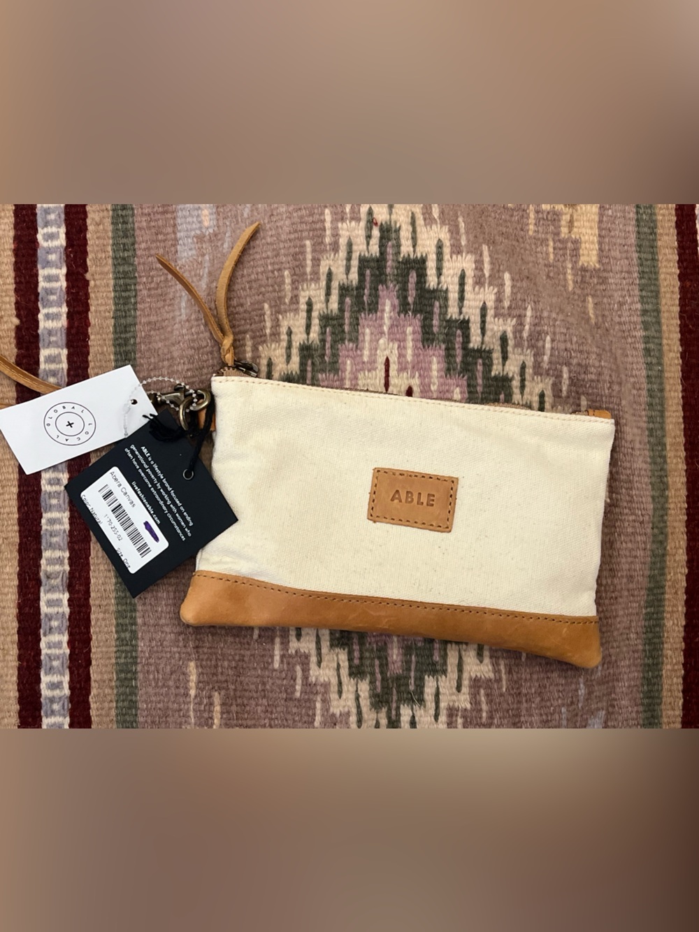 Able Cream Canvas Wristlet with Tan Leather Trim